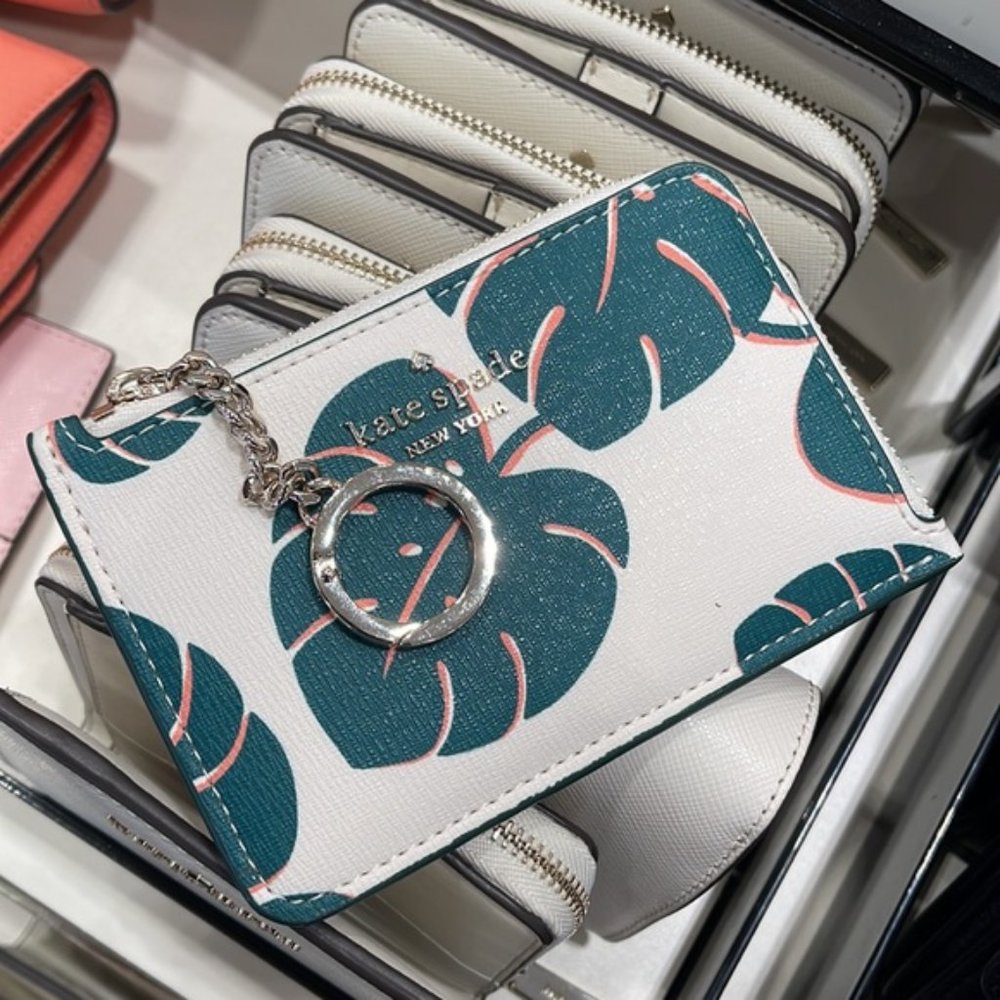 Kate spade Darcy Monstera Leaves Printed Medium L - Zip Card Holder with Keyring - Picture 1 of 12